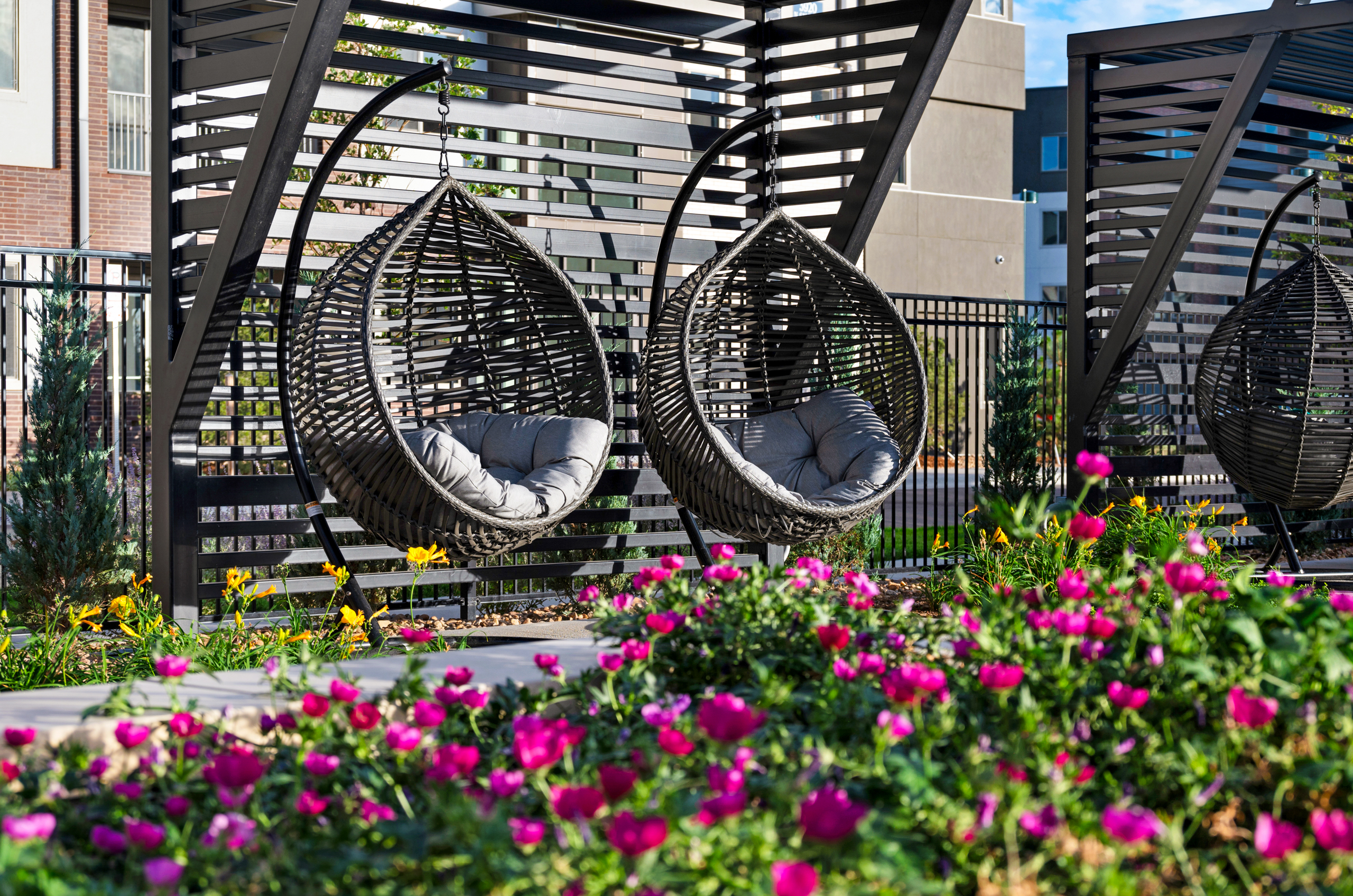 Swinging chairs at Flats on the A pool
