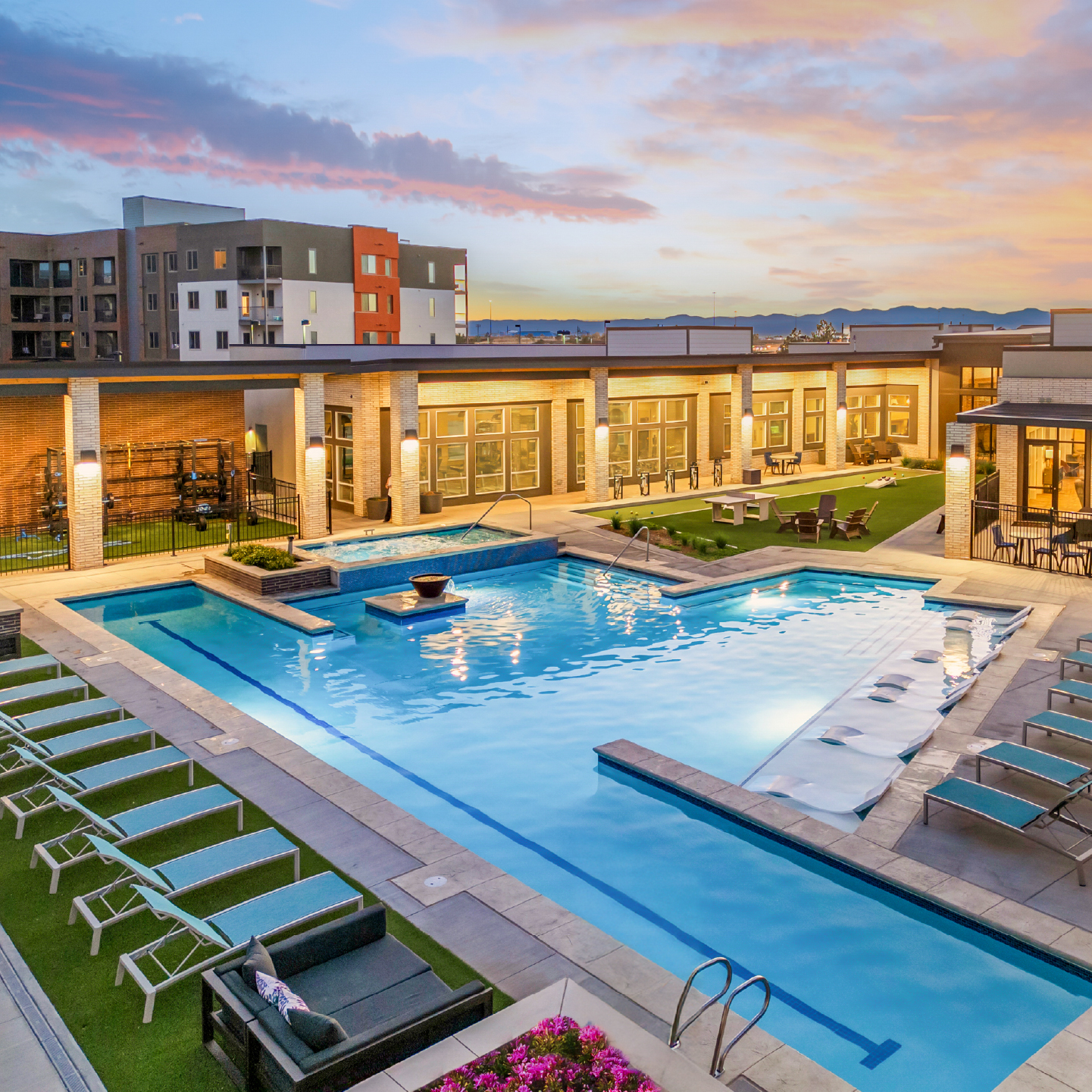 Flats on the A Twilight Pool Aerial